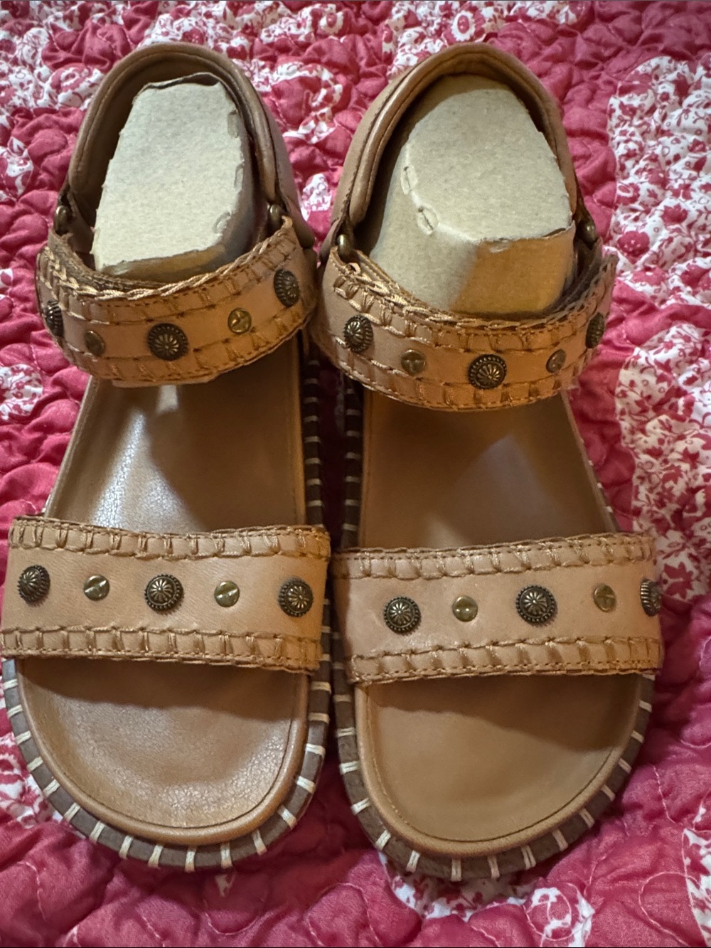 Lucky Brand Tan Braided Strap Women’s Sandals with Stud Accents